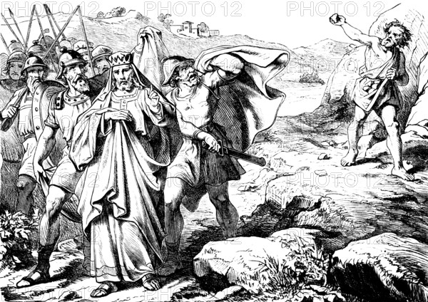 Simei throws stones and curses David, Second Book of Samuel, chapter 13, Ammon, Tamar, blood shame, brother sister, sexual intercourse, illness, vegetables, chamber, warrior, weapons, king, mountainous landscape, Old Testament, Bible, historical illustration 1877