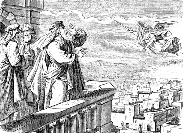 God sent an angel to Jerusalem, David sees the angel of pestilence, First book of Chronicles, chapter 22, sin, plague, death, evil, sword, cityscape, balcony, Old Testament, Bible, historical illustration 1877
