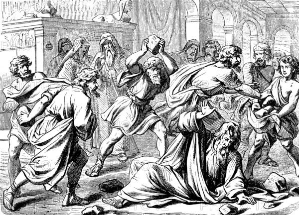 Why do you break the laws of the Lord? The Prophet Zacharia is stoned, Second Book of Chronicles, chapter 24, tumult, murder, stoning, throwing stones, killing, anger, Aetger, hate, crowd, king, lying, soil, Old Testament, Bible, historical illustration 1877