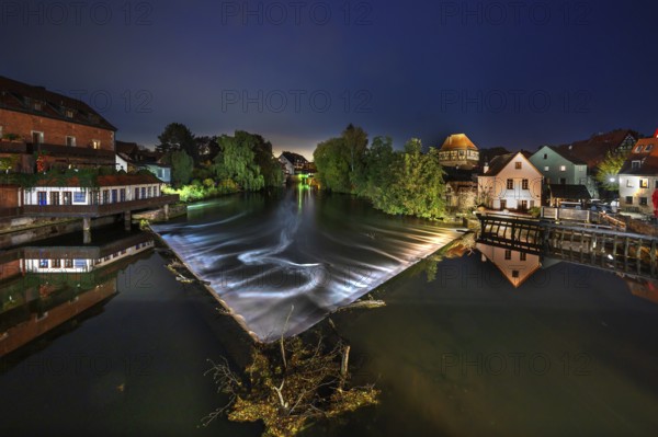 Nocturnal view of Pegnitz with dam and grinding mill, Lauf an der Pegnitz, Middle Franconia, Bavaria, Germany