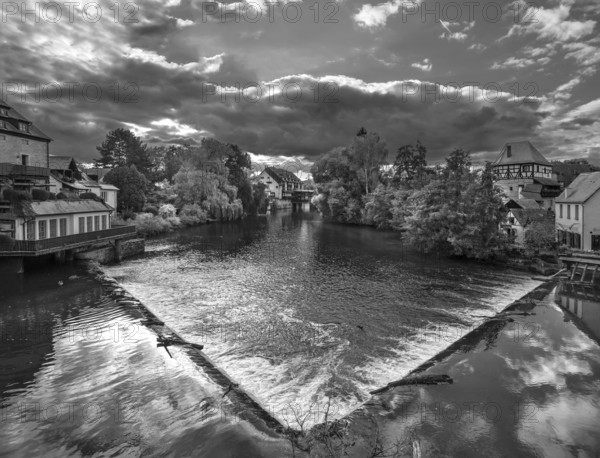 View of the Pegnitz with the river weir, on the right the historic Jewish Tower, black and white, Lauf an der Pegnitz, Middle Franconia, Bavaria, Germany