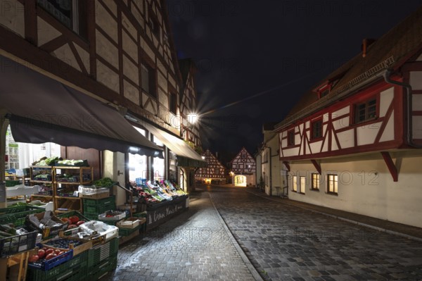 Historic half-timbered houses in the old town at night, Lauf an der Pegnitz, Middle Franconia, Bavaria, Germany