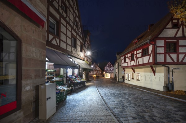 Historic half-timbered houses in the old town at night, Lauf an der Pegnitz, Middle Franconia, Bavaria, Germany