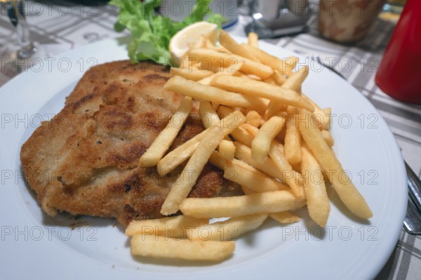 Wiener schnitzel served with french fries in an inn, Franconia, Bavaria, Germany