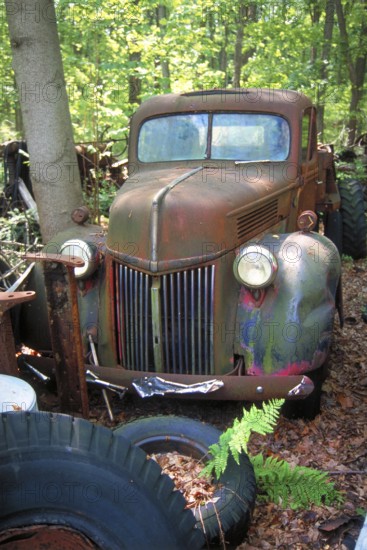 Rusted Ford pickup truck built around 1900 in Marksboro, New Jersey, USA