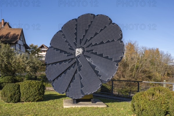 Smart Flower, a sculptural, free-standing all-in-one solar system whose solar modules unfold like a sunflower to automatically follow the position of the sun, Radolfzell am Lake Constance, district of Konstanz, Baden-Württemberg, Germany