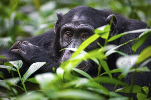 Beautiful animal portrait, chimpanzee (Pan Troglodytes), adult male among leaves in the jungle, Kibale National Park, Uganda