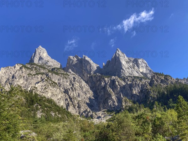View from Klausbach Valley to the wild peaks of the Reither Alm with Stadelhorn and Mühlsturzhorn, Berchtesgaden National Park, Bavarian Alps, Germany, Germany