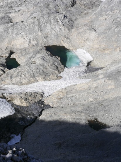Glacier lake and remnants of the Übergossene Alm glacier on the Hochkönig, symbol of glacier retreat, Berchtesgaden Alps, Austria