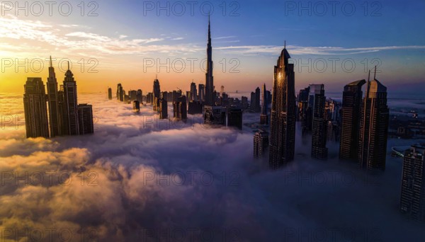 City scape emerging from a dense enveloping fog in sunrise and skyscrapers piercing the haze, big metropolis with skyline, mist on ground, blue sky, city in an aerial view, AI generated