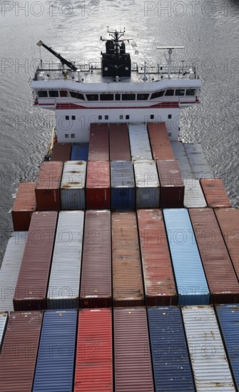 Aerial view of a container ship in the Kiel Canal, NOK, Kiel Canal, Kiel Canal, Schleswig-Holstein, Germany
