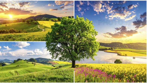 Collage of spring and summer landscapes, blooming flowers, green meadows and trees, hilly landscape with mountains, blue cloudy sky with sunrise or sunset, wallpaper illustration for banner or template background, AI generated