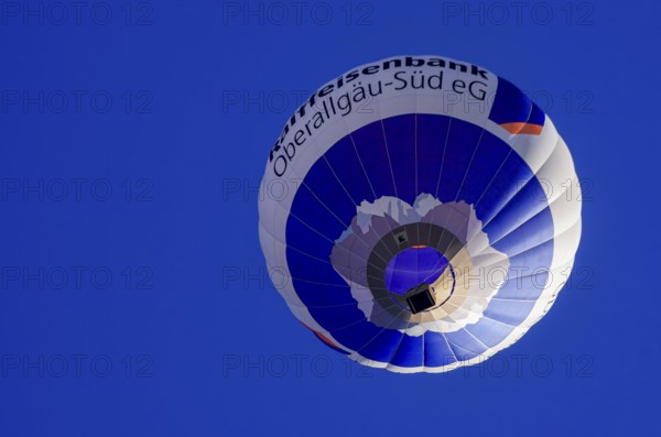 A hot air balloon, registration D-OASF, rises into the air as part of an air show at the Fliegerbergfest of the Rossfeld Luftsportverein in Metzingen-Glems, Baden-Württemberg, Germany, for editorial use only