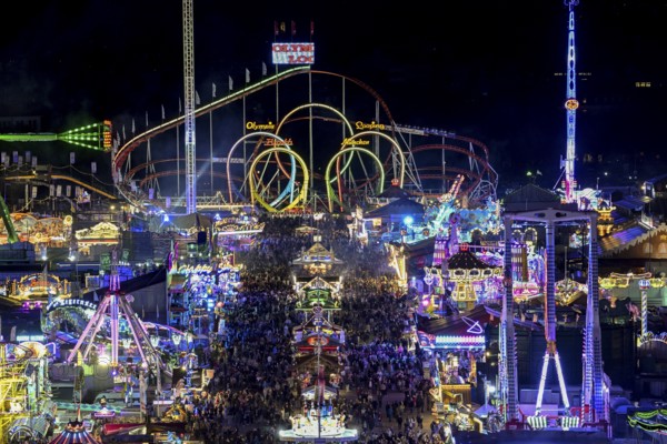 View of Oktoberfest from St. Paul's Catholic Church, Blue Hour, Munich, Bavaria, Germany