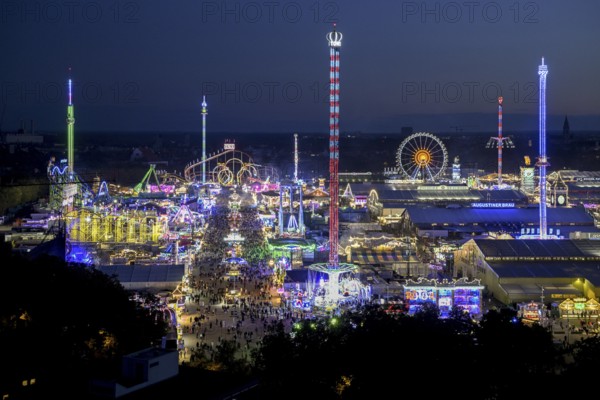 View of Oktoberfest from St. Paul's Catholic Church, Blue Hour, Munich, Bavaria, Germany