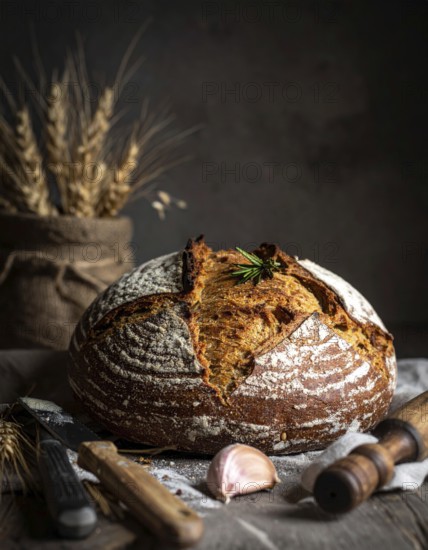 Rustic loaf of whole grain bread, fresh baked, close up of bread on dark wooden table, golden rust, soft lighting with blurred background, symbol for bakery and agriculture, healthy eating background, AI generated