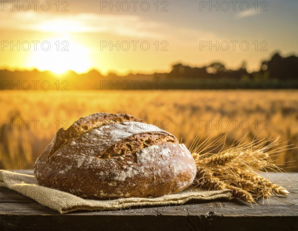 Rustic loaf of whole grain bread, fresh baked, close up of bread on dark wooden table, golden rust, soft lighting with blurred background, symbol for bakery and agriculture, healthy eating background, AI generated