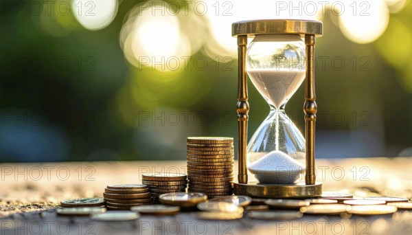 Hourglass and stacked golden coins, illustrating currency fluctuation and time impact commodities value, symbolizing fluctuating finance market changes, business setting, glass with sand on wooden table in the office, blurred background, wallpaper illustration, AI generated
