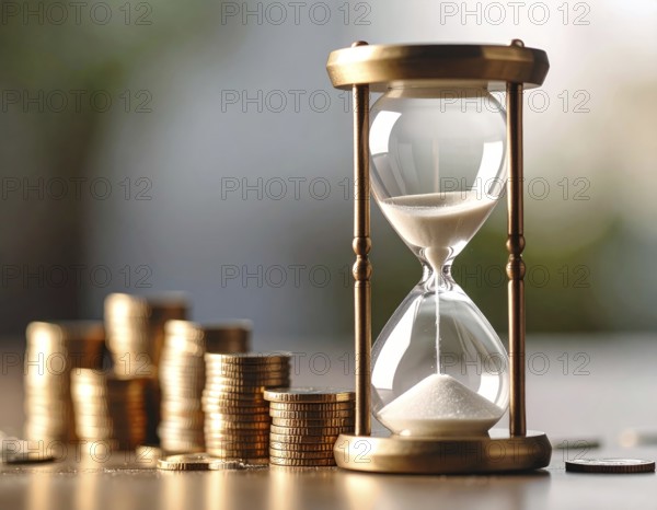 Hourglass and stacked golden coins, illustrating currency fluctuation and time impact commodities value, symbolizing fluctuating finance market changes, business setting, glass with sand on wooden table in the office, blurred background, wallpaper illustration, AI generated