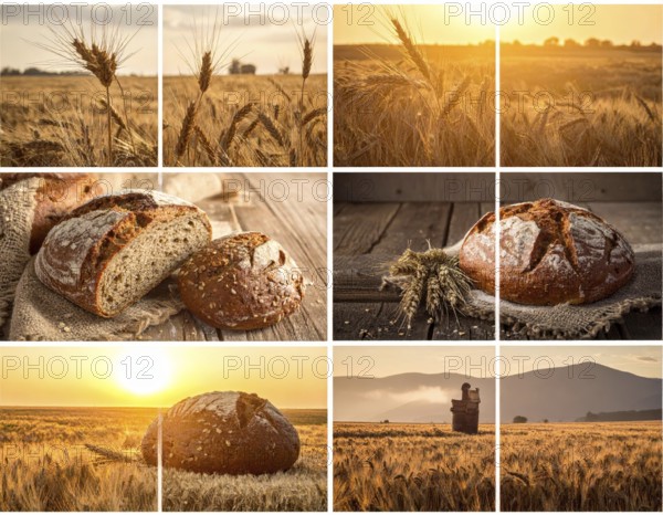Collage of rustic loaf of whole grain bread, bread on dark rustic wooden table, great variety of grain and whole wheat bread, illustration wallpaper for bakery and healthy food lifestyle, AI generated