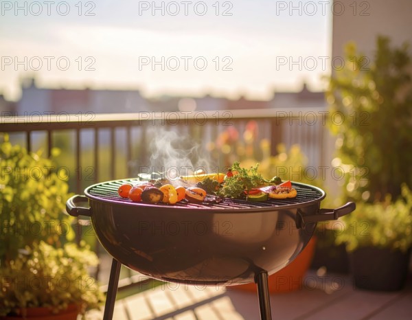 Cooking vegetables on grill on the balcony, healthy lifestyle, vegetarian barbeque, leisure time in summer, suburban setting with blurred background, soft golden light of evening, blue sky, AI generated