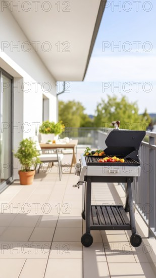Cooking vegetables on grill on the balcony, healthy lifestyle, vegetarian barbeque, leisure time in summer, suburban setting with blurred background, soft golden light of evening, blue sky, AI generated