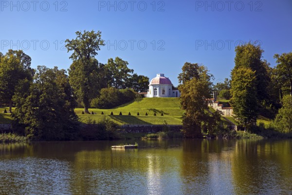Baroque terrace garden on Lake Huwenow in Meseberg Castle, guest house and conference venue of the Federal Government, Gransee, Brandenburg, Germany