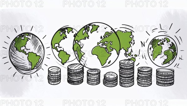 Green earth globe with silver coin stack symbolizing global finance economy and sustainable growth, abstract geometric vector illustration, wallpaper template background, AI generated