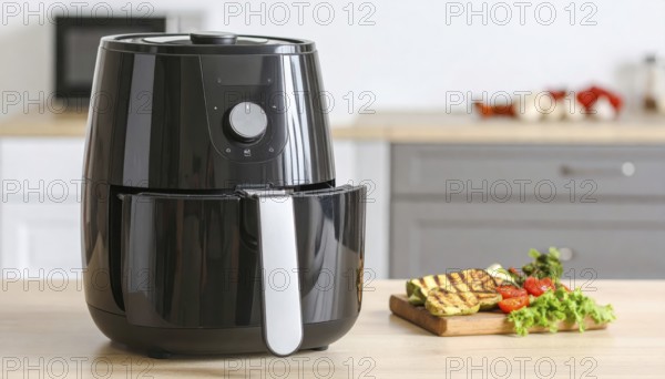 Air fryer with grilled vegetables, wooden table in the kitchen, healthy eating, healthy vegetarian lifestyle with fruits and vegetables, close up with blurred background, soft light, AI generated