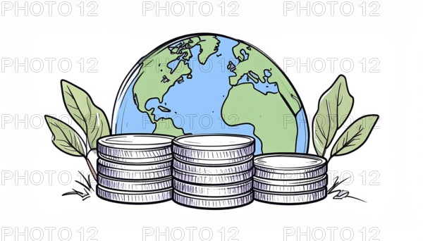 Green earth globe with silver coin stack symbolizing global finance economy and sustainable growth, abstract geometric vector illustration, wallpaper template background, AI generated