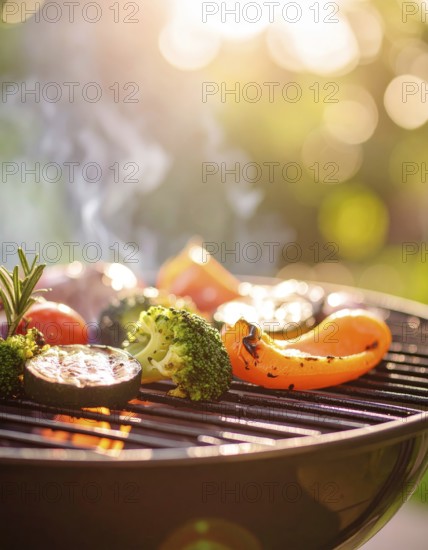 Cooking vegetables on grill outdoors, healthy lifestyle with healthy food, close up of grill with blurred background, soft golden light, picnic in the green park or garden, no people, AI generated