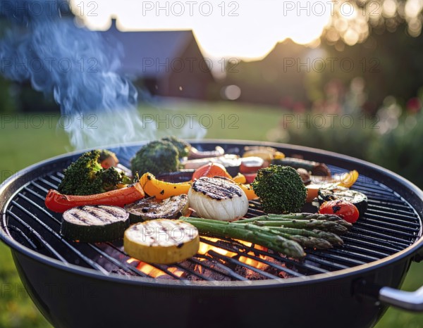 Cooking vegetables on grill outdoors, healthy lifestyle with healthy food, close up of grill with blurred background, soft golden light, picnic in the green park or garden, no people, AI generated