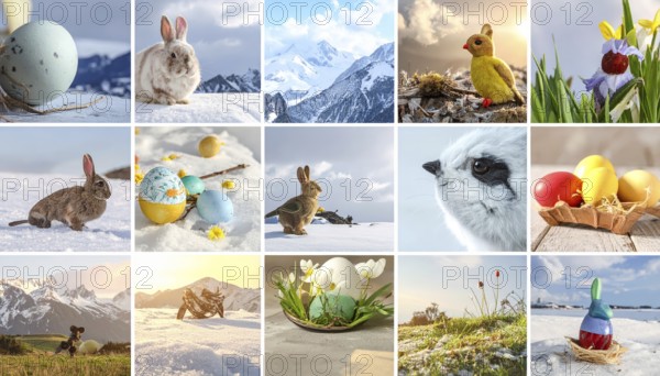 Collage of easter symbols, rabbit, fresh blooming flowers, bird's nest, colored easter eggs, sweets, chocolate and cakes, symbolic wallpaper illustration for festive easter vacation, AI generated
