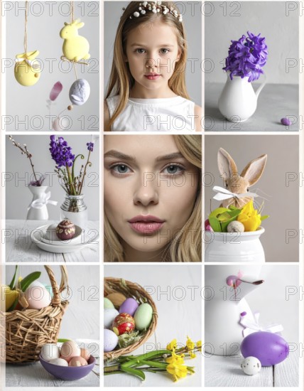 Collage of easter symbols, rabbit, fresh blooming flowers, bird's nest, colored easter eggs, sweets, chocolate and cakes, symbolic wallpaper illustration for festive easter vacation, AI generated