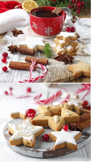 Collage of Christmas cookies and sweets, variation of sweet desserts, lots of unhealthy calories, soft golden light, festive wallpaper background, AI generated