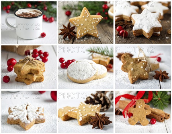 Collage of Christmas cookies and sweets, variation of sweet desserts, lots of unhealthy calories, soft golden light, festive wallpaper background, AI generated