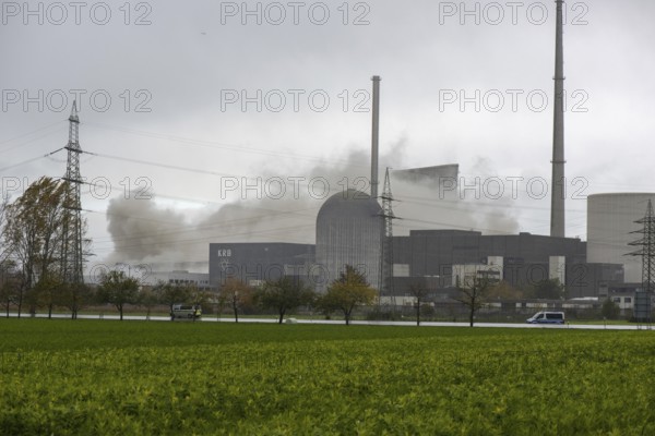 Demolition of the 160m high cooling towers of the disused Gundremmingen nuclear power plant (AKW KRB), Gundremmingen, Bavaria, Germany