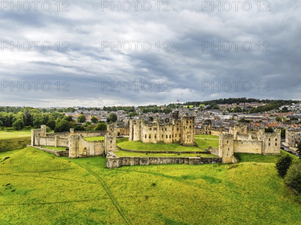Alnwick Castle from a drone, Alnwick, Northumberland, England, United Kingdom
