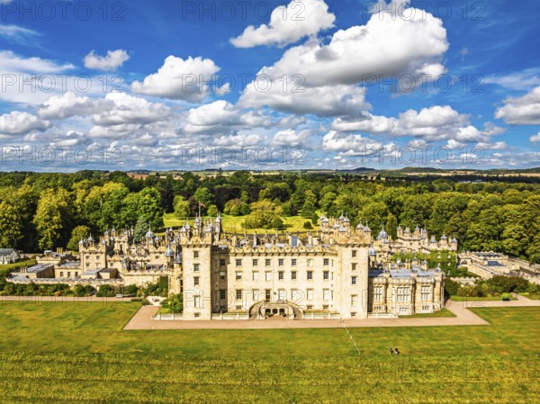 Floors Castle and garden from a drone, Duke of Roxburghe, Roxburghshire, Scotland, UK