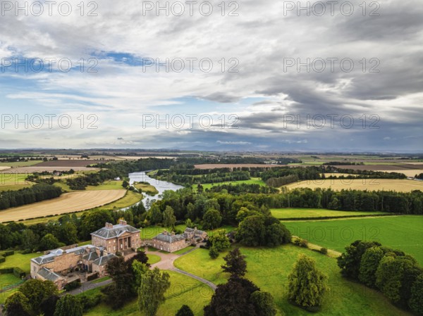 Paxton House over River Tweed from a drone, Paxton, Berwick-upon-Tweed, Berwickshire, Scotland, UK