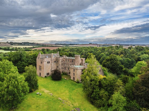 Hutton Castle from a drone, Whiteadder Water, Chirnside, Scottish Borders, UK
