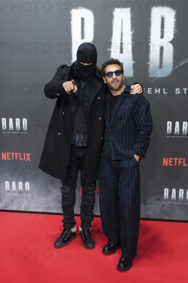 Aykut Anhan aka arrest warrant and Elyas M'Barek at the premiere of the Netflix film Babo in the Astor Film Lounge Berlin on 24.10.2025