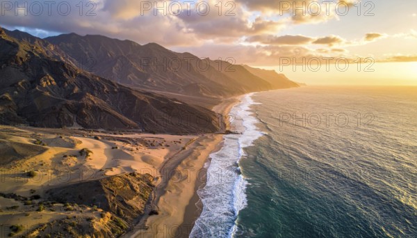 Desert landscape converges with ocean along a rugged coastal area, shore break at cliffs, blue cloudy sky at sunset, dry landscape in an aerial drone view, AI generated