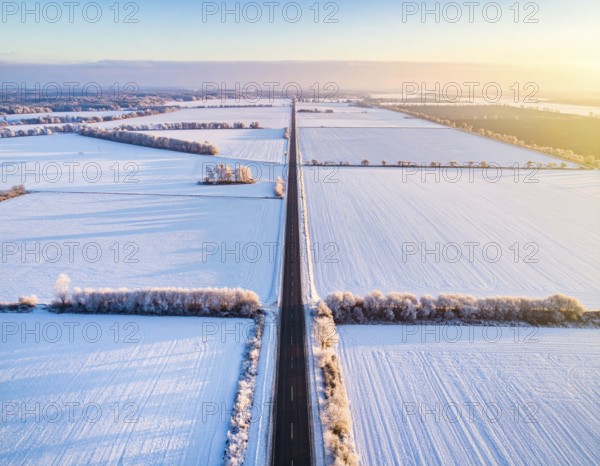 Bird Eye Perspective of Frost Covered Farmland. Seasonal Agricultural Scenery, winter and autumn scene, blue sky with golden light at sunrise, AI generated
