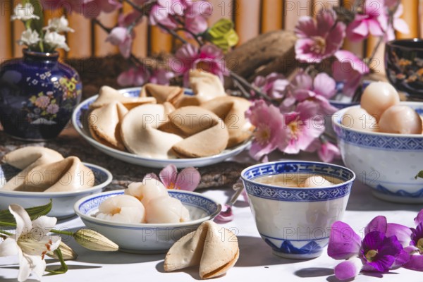 Lychee, lychee wine and fortune cookies in Asian tableware surrounded by blossoms