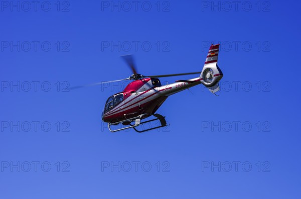 A Eurocopter EC 120B Colibri helicopter, D-HALX registration, during a flight demonstration as part of an air show on Rossfeld in Metzingen-Glems, Baden-Württemberg, Germany, for editorial use only