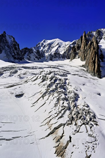 View of the mountains from the Télécabine Panorama Railway, La Tour Ronde, Mont Blanc, Mont Maudit, Le Mont Blanc du Tacul, in the foreground the glacier du Géant, Chamonix-Mont-Blanc, Haute-Savoie, France