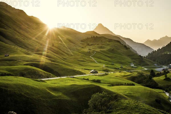 Mountain landscape, sunrise, Hochtannbergpass, Biberkopf, Warth, Bregenzerwald, Vorarlberg, Alps, Austria