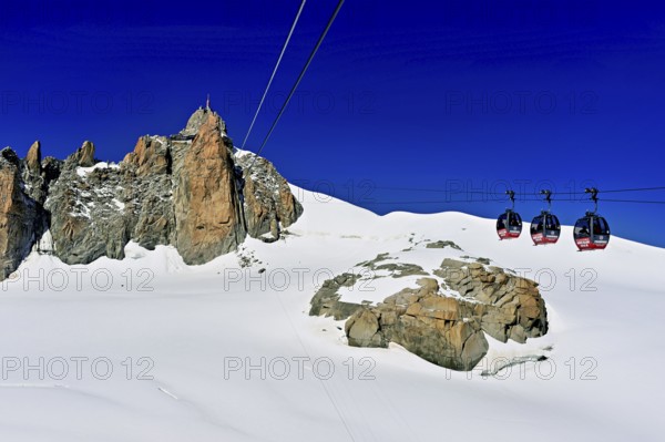 View from the Télécabine Panorama Railway to the Aiguille du Midi mountain station, Chamonix-Mont-Blanc, Haute-Savoie, France