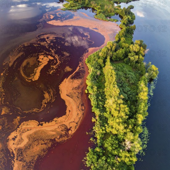 Red algae plant on the lake. abstract ecology nature concept, wild landscape with vibrant red colored water and green forest on a sunny day in summer, Aerial view, wilderness nature with no people around, AI generated